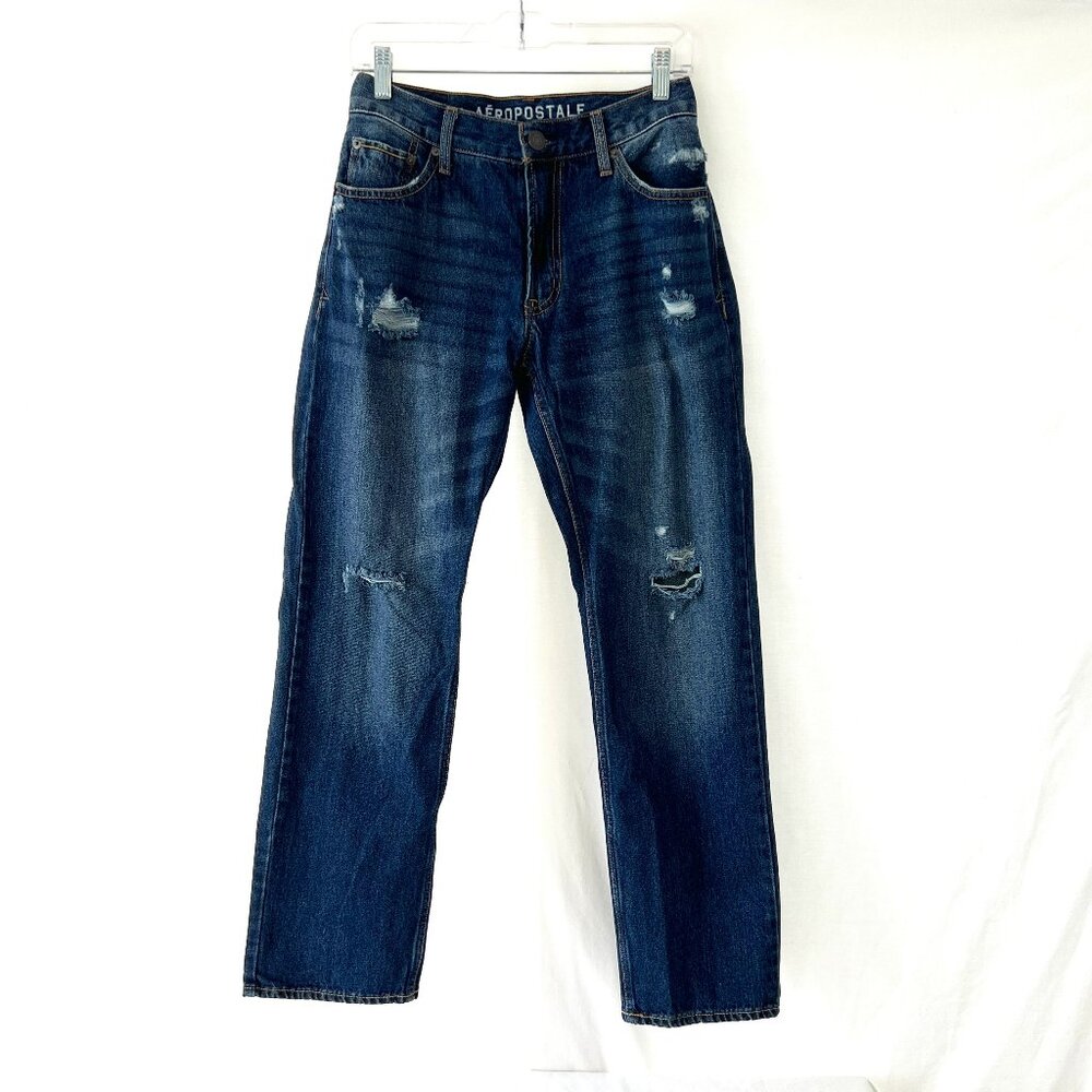 Aeropostale Jeans, Men's 32 X 32, Straight Leg, Medium Wash Blue, Distressed, EC